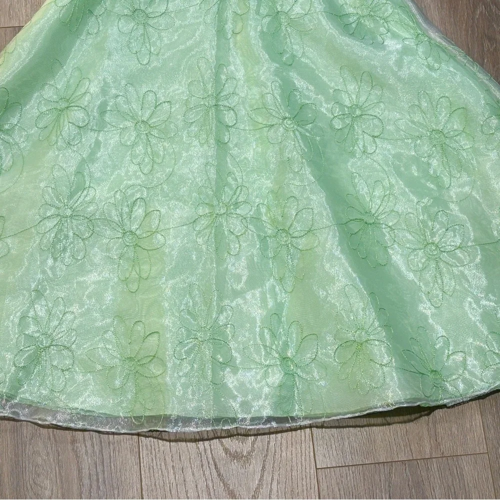 🐣Vintage Elegant Organza Green Floral Kids Dress - Size 10.5 🐣